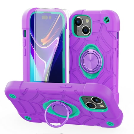 Dteck for iPhone 15 Plus Case with Screen Protector (2 Packs), Military Grade Drop Protection Shockproof Protective Phone Case with Rotating Ring Stand for iPhone 15 Plus,Purple+Mint
