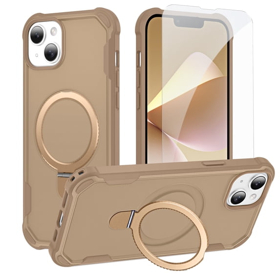 Dteck for iPhone 15 Plus Case with Screen Protector, Compatible with MagSafe Shockproof Invisible Magnetic Ring Stand Military-Grade Heavy Duty Protection Phone Case, Desert Gold