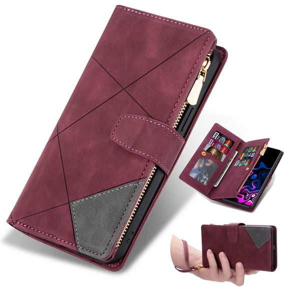 Dteck for iPhone 15 Plus Case Wallet with 9 Card Slots Premium Soft PU Leather Zipper Folio Flip with Wrist Strap Kickstand Protective Phone Cover for iPhone 15 Plus Wallet Case 6.7 Inch,Winered