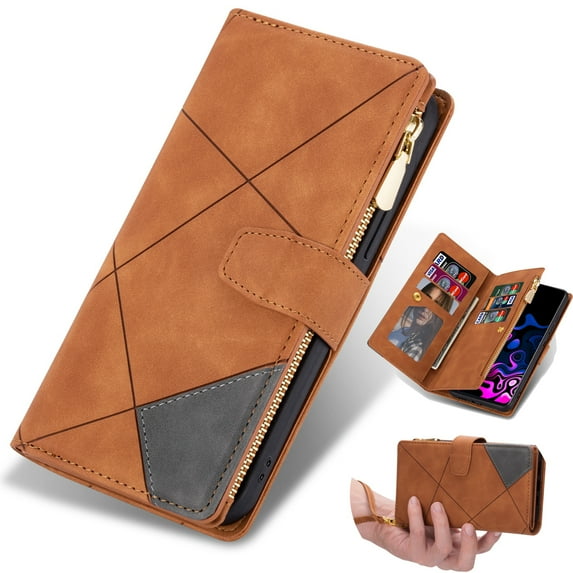 Dteck for iPhone 15 Plus Case Wallet with 9 Card Slots Premium Soft PU Leather Zipper Folio Flip with Wrist Strap Kickstand Protective Phone Cover for iPhone 15 Plus Wallet Case 6.7 Inch,Brown