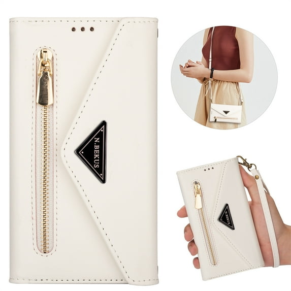 Dteck iPhone 15 Plus Case Wallet, Retro PU Leather Crossbody Strap Wirstlet Flip Case with Magnetic Closure Zipper Purse Handbag for iPhone 15 Plus,White