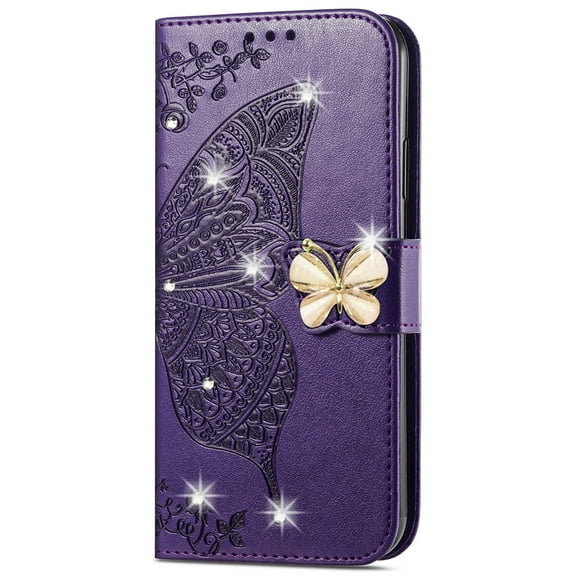 Dteck for iPhone 15 Plus Case Wallet for Women, Flip Folio Cover with Butterfly Embossed Diamond PU Leathe Stand Card Holder Protective Case with Wrist Strap,Deep Purple
