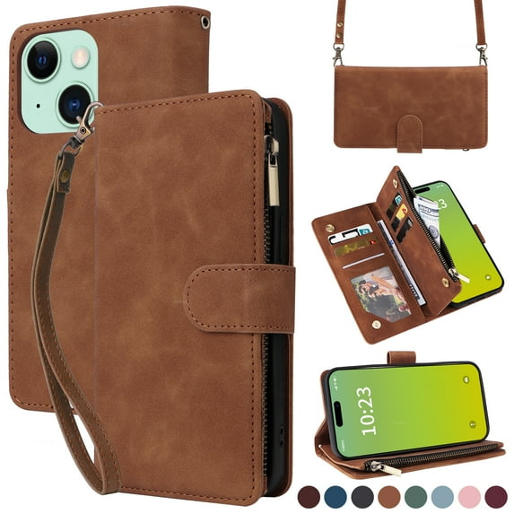 Dteck for iPhone 15 Plus Wallet Case, Crossbody Phone Purse with Card Holder for Women Men, Soft PU Leather Zipper Carry Cover with Shoulder Strap for iPhone 15 Plus,Brown