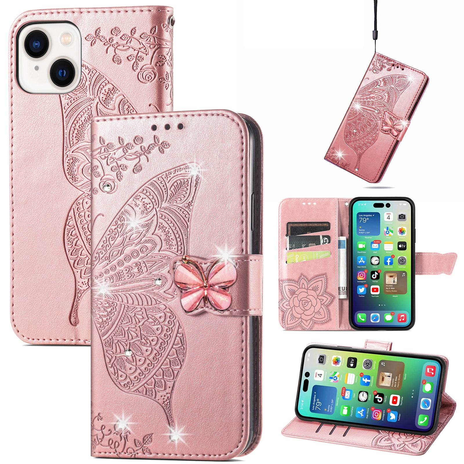 Dteck for iPhone 15 Plus Wallet Case PU Leather Folio Cover, Butterfly Floral Embossed Bling