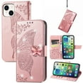 thumbnail image 1 of Dteck for iPhone 15 Plus Wallet Case PU Leather Folio Cover, Butterfly Floral Embossed Bling Diamond Holster Silicone Bumper with Card Holder Stand Magnetic Closure Lanyard Women,Rosegold, 1 of 9