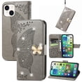 thumbnail image 1 of Dteck for iPhone 15 Plus Wallet Case PU Leather Folio Cover, Butterfly Floral Embossed Bling Diamond Holster Silicone Bumper with Card Holder Stand Magnetic Closure Lanyard Women,Gray, 1 of 9