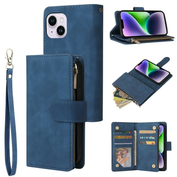 Dteck for iPhone 15 Plus Wallet Case,Soft Leather Zipper Wallet Case Magnetic Buckle Flip Cover with 5 Card Slots/Photo Pocks/Lanyard Strap for Apple iPhone 15 Plus 6.7 inch 2023,Blue