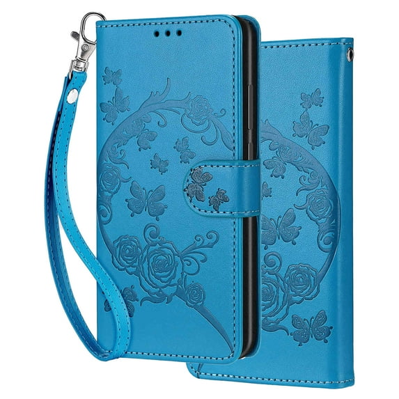 Dteck for iPhone 15 Plus Wallet Case for Women Girls, Embossed Flip Kickstand Cover with Card Holder Shockproof Phone Case with Wrist Strap for iPhone 15 Plus,Blue Flower