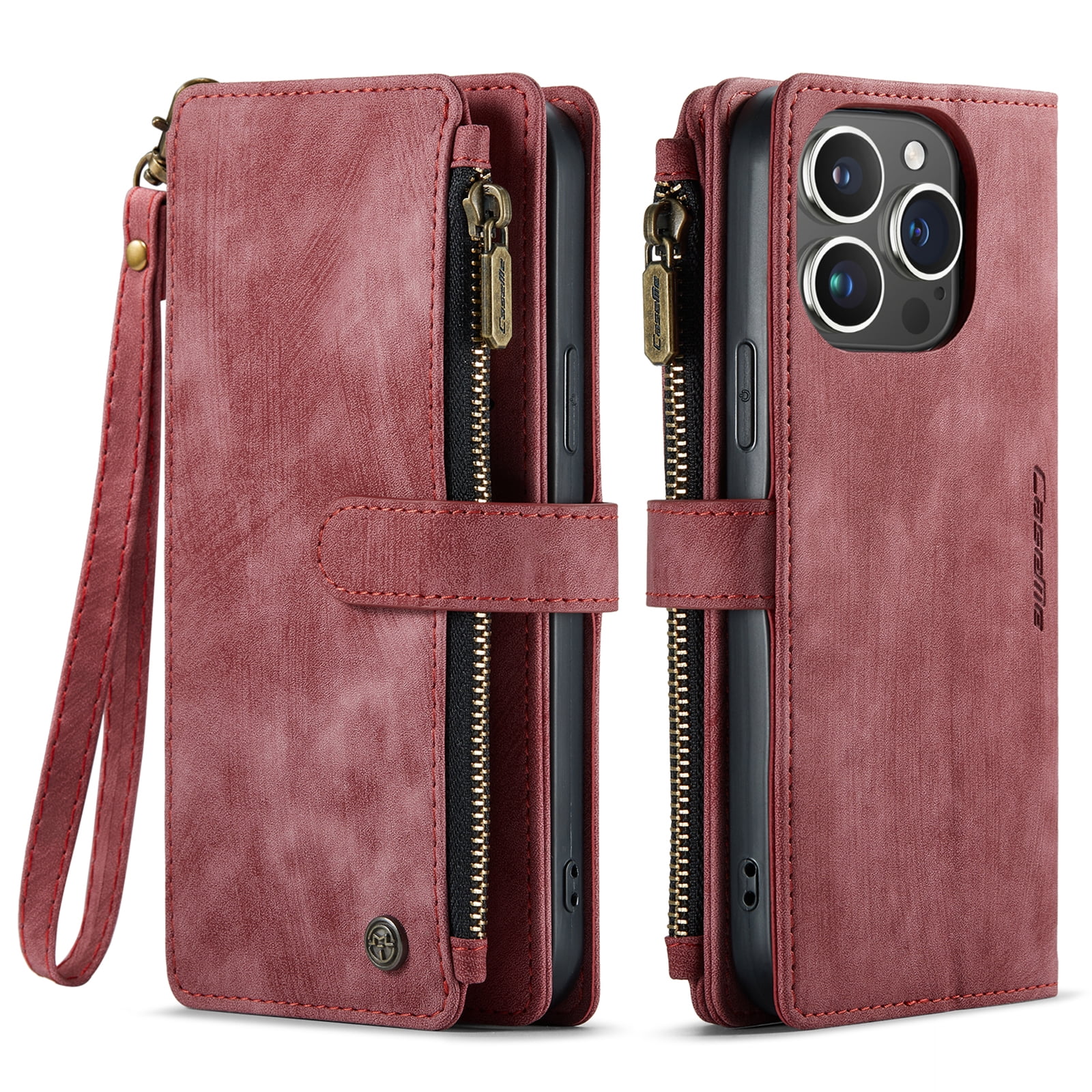 Dteck for iPhone 15 Pro Case with Card Holder, Premium iPhone 15 Pro Wallet Case for Women Men, Heavy Duty Durable PU Leather With Flip Zipper Pocket Phone Case w/ Wrist Strap Lanyard,Red