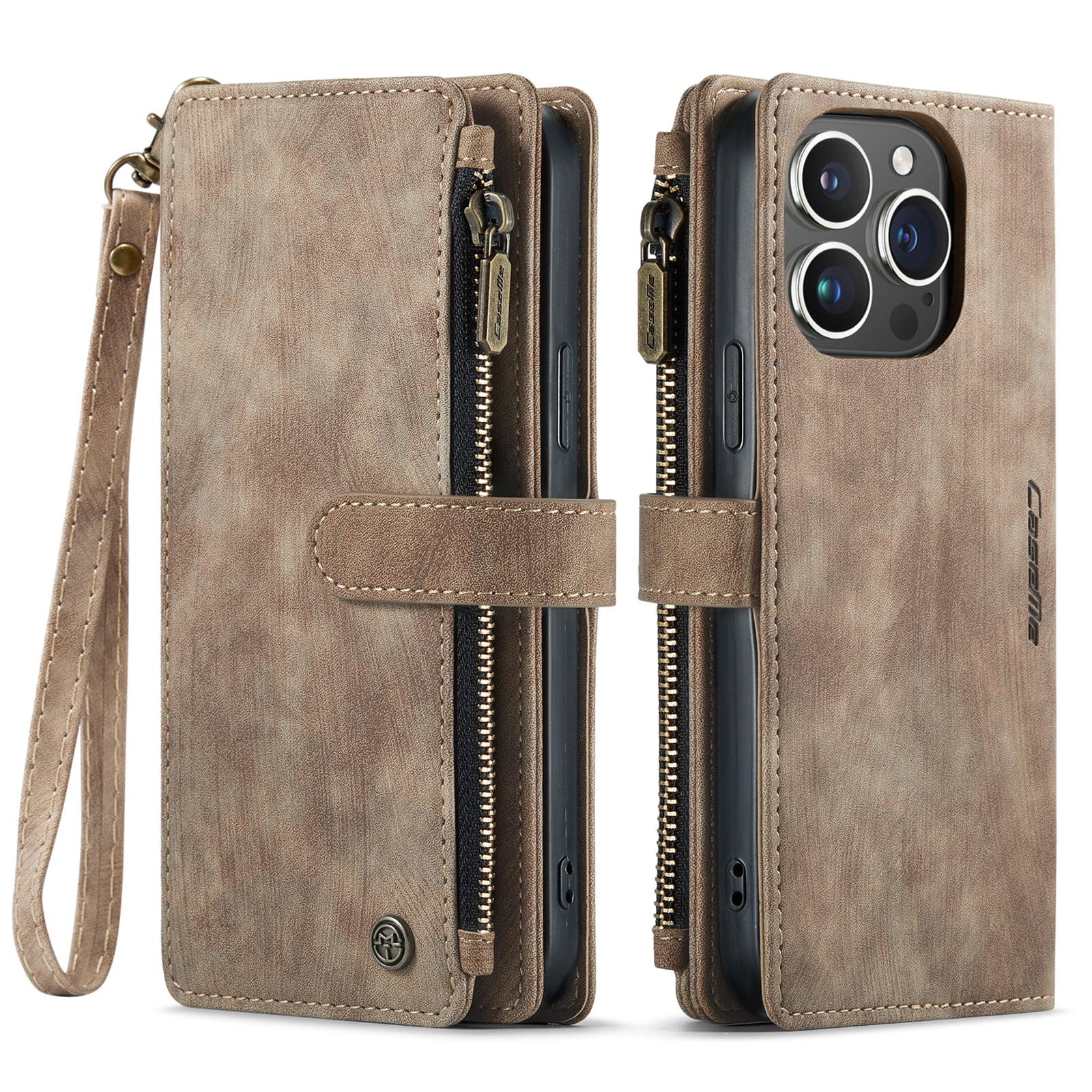Dteck for iPhone 15 Pro Case with Card Holder, Premium iPhone 15 Pro Wallet Case for Women Men, Heavy Duty Durable PU Leather With Flip Zipper Pocket Phone Case w/ Wrist Strap Lanyard,Brown
