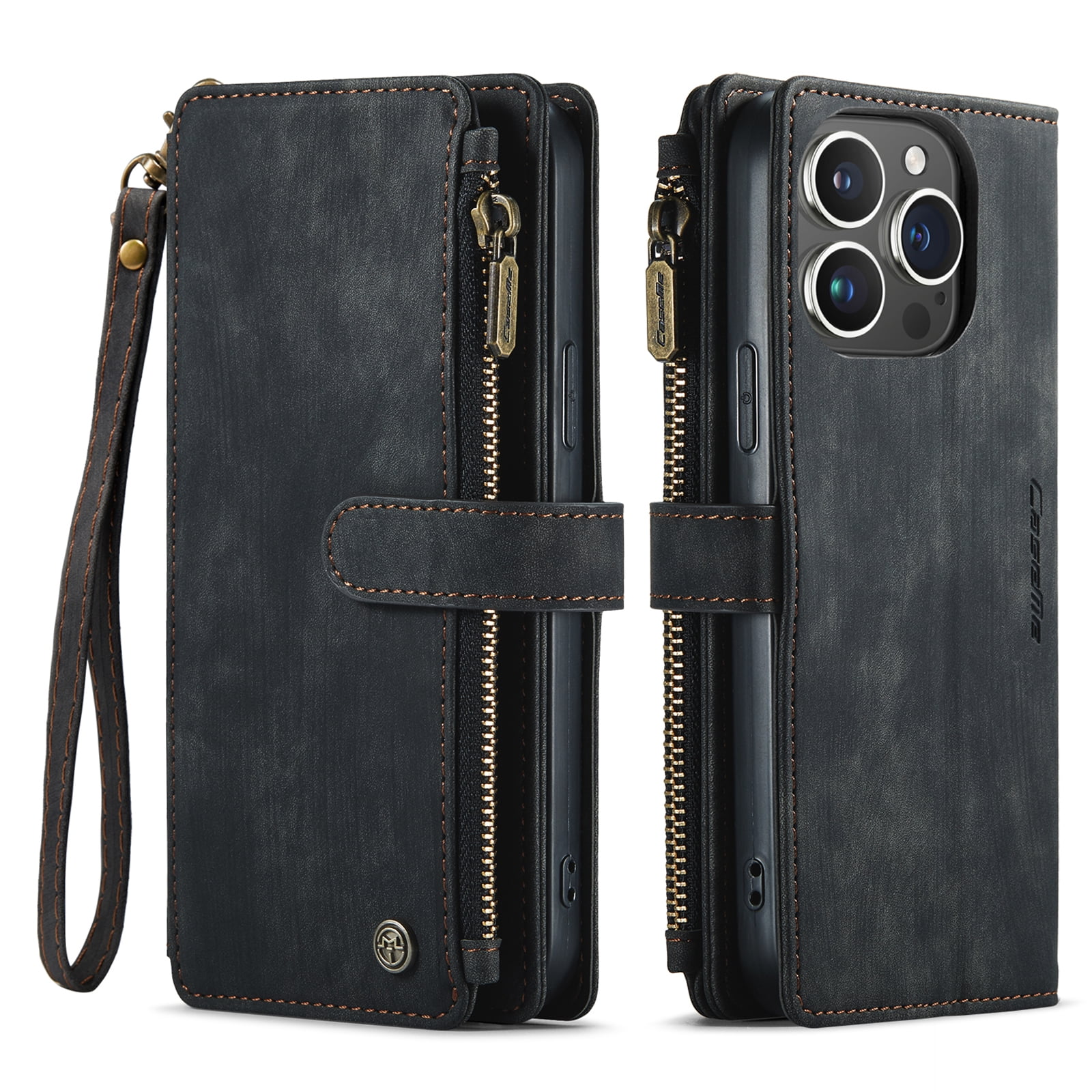Dteck for iPhone 15 Pro Case with Card Holder, Premium iPhone 15 Pro Wallet Case for Women Men, Heavy Duty Durable PU Leather With Flip Zipper Pocket Phone Case w/ Wrist Strap Lanyard,Black