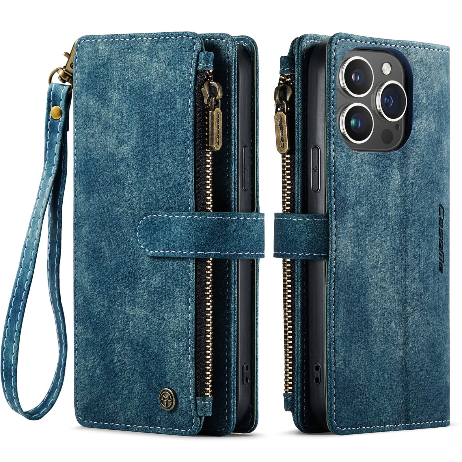 Dteck for iPhone 15 Pro Case with Card Holder, Premium iPhone 15 Pro Wallet Case for Women Men, Heavy Duty Durable PU Leather With Flip Zipper Pocket Phone Case w/ Wrist Strap Lanyard,Blue