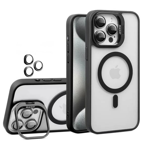 Dteck for iPhone 15 Pro Case, Compatible with MagSafe ,Built-in Camera Ring Stand,with Individual Camera Cover, Translucent Matte PC + TPU Military-Grade Drop Protection Magnetic Case,Black