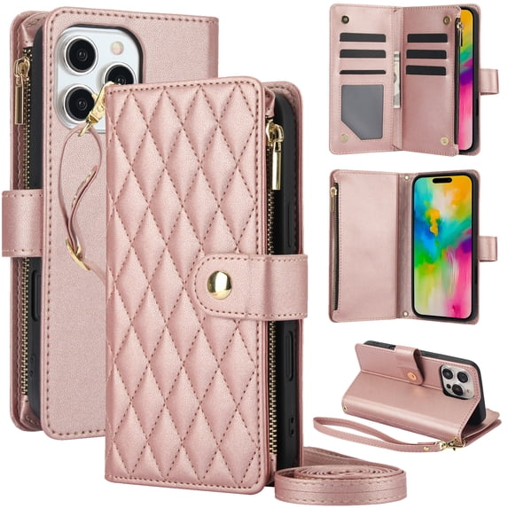 Dteck for iPhone 15 Pro Case, Crossbody Shoulder Strap RFID Blocking Shockproof Magnetic Closure Flip Stand Card Slot Wallet Zipper Lanyard Phone Case Cover, Rosegold