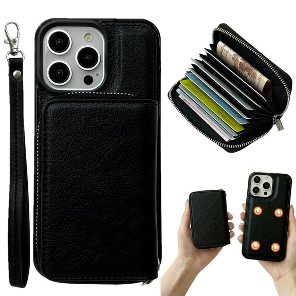 Dteck for iPhone 15 Pro Case Detachable Wallet Case with 11-Card Holder, 2 in 1 PU Leather Zipper Purse with Wristlet for Women Men, Durable Shockproof Phone Cover for iPhone 15 Pro,Black