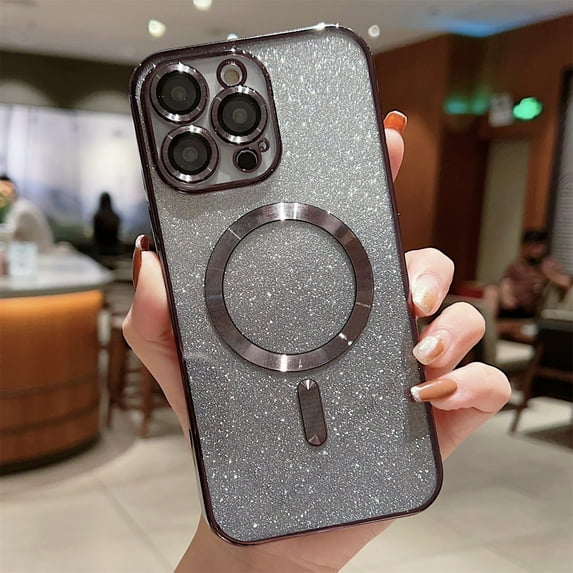 Dteck for iPhone 15 Pro Case Glitter Magnetic Compatible with MagSafe Accessory, Shockproof Full Camera Lens Protection Luxury Plating Cute Bling Clear Slim Phone Case for Women Girls,Black