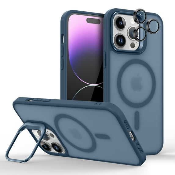 Dteck for iPhone 15 Pro Case with Individual Camera Cover, Compatible with MagSafe, Built-in Camera Ring Stand,Translucent Matte Military-Grade Drop Protection Magnetic Case,Deep Blue