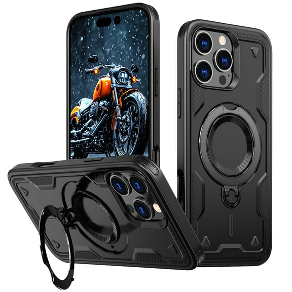 Dteck for iPhone 15 Pro Case, Magnetic for Car Holder Mount Holder 360 Degree Rotated Kickstand Ring Heavy Duty Protection Hard Rugged Protective Phone Cover, Black