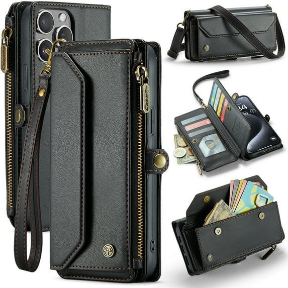 Dteck for iPhone 15 Pro Case with RFID Blocking Wallet Case for Women Men, Shockproof PU Leather Magnetic Flip Strap Zipper Card Holder Phone Case,Black