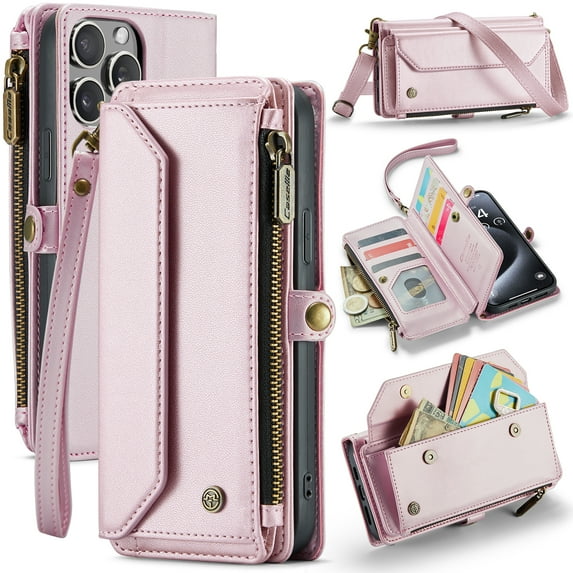 Dteck for iPhone 15 Pro Case with RFID Blocking Wallet Case for Women Men, Shockproof PU Leather Magnetic Flip Strap Zipper Card Holder Phone Case,Pink