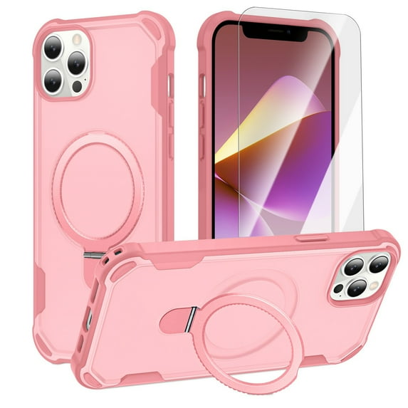 Dteck for iPhone 15 Pro Case with Screen Protector, Compatible with MagSafe Shockproof Invisible Magnetic Ring Stand Military-Grade Heavy Duty Protection Phone Case, Pink