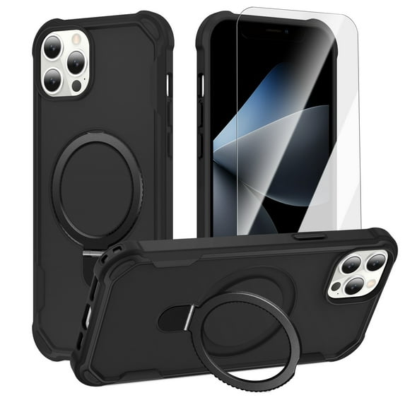Dteck for iPhone 15 Pro Case with Screen Protector, Compatible with MagSafe Shockproof Invisible Magnetic Ring Stand Military-Grade Heavy Duty Protection Phone Case, Black