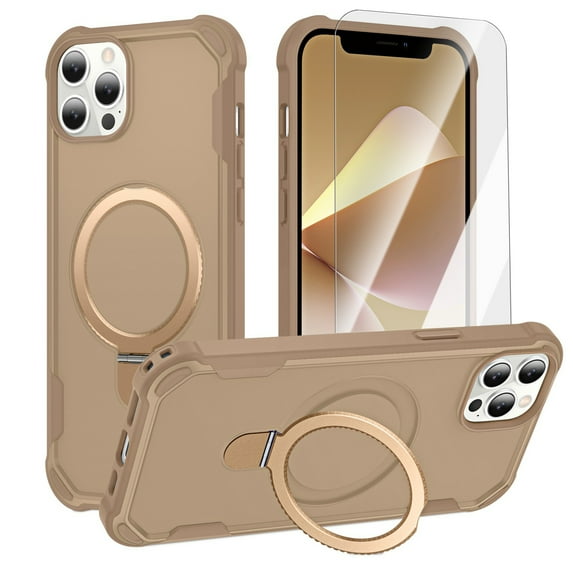 Dteck for iPhone 15 Pro Case with Screen Protector, Compatible with MagSafe Shockproof Invisible Magnetic Ring Stand Military-Grade Heavy Duty Protection Phone Case, Desert Gold