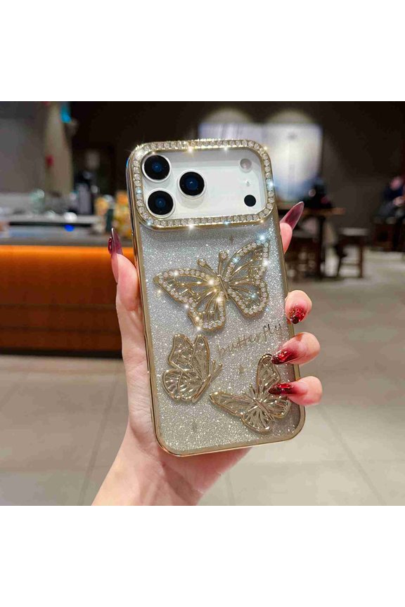 for iPhone 15 Pro Max Bling Diamond Butterfly Case, Cute Luxury Sparkle Glitter Diamond Crystal Rhinestone Protective Case Cover for Girls Women Kids, Gold