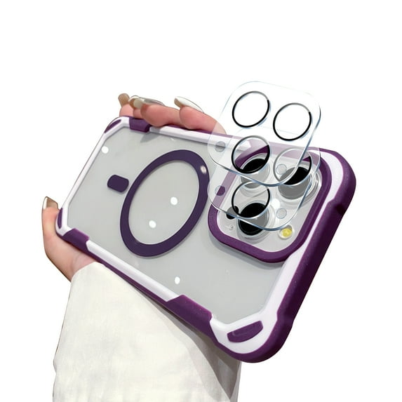 Dteck for iPhone 15 Pro Max Case with Camera Lens Protector (2 Packs), Compatible with MagSafe, Shockproof Military-Grade Protection Air-Guard Corners Magnetic Phone Case for iPhone 15 Pro Max,Purple
