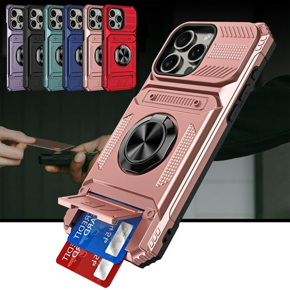 Dteck for iPhone 15 Pro Max Case with Card Holder (2 Cards) & Kickstand Ring Holder, Military Grade Drop Protection Rugged Hard Phone Case for iPhone 15 Pro Max, Work with Magnetic Car Mount,Rosegold