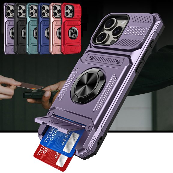 Dteck for iPhone 15 Pro Max Case with Card Holder (2 Cards) & Kickstand Ring Holder, Military Grade Drop Protection Rugged Hard Phone Case for iPhone 15 Pro Max, Working with Magnetic Car Mount,Purple