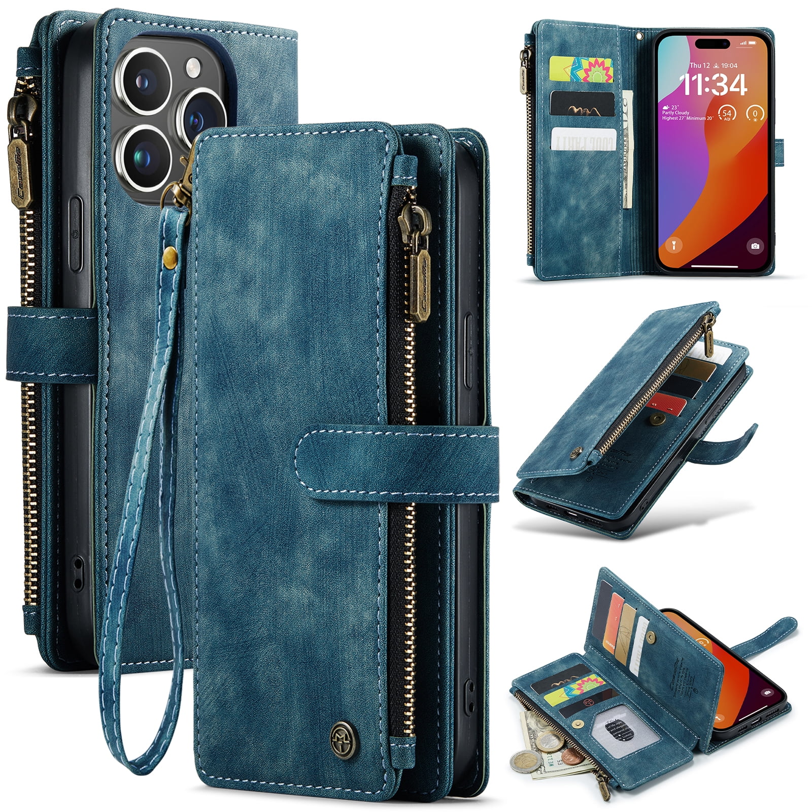 Dteck for iPhone 15 Pro Max Case with Card Holder, Premium iPhone 15 Pro Max Wallet Case for Women Men, Heavy Duty Durable PU Leather With Flip Zipper Pocket Phone Case w/ Wrist Strap Lanyard,Blue