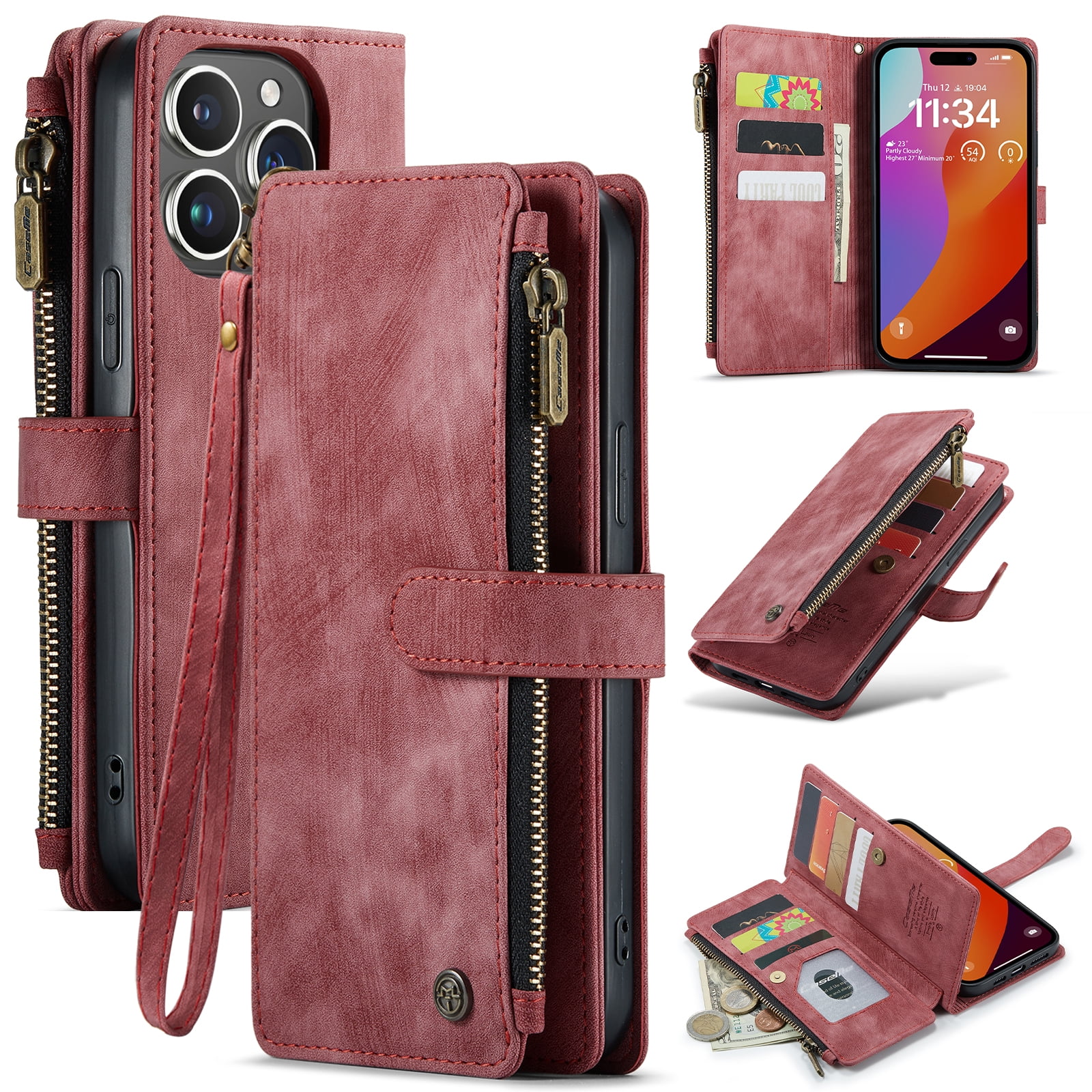 Dteck for iPhone 15 Pro Max Case with Card Holder, Premium iPhone 15 Pro Max Wallet Case for Women Men, Heavy Duty Durable PU Leather With Flip Zipper Pocket Phone Case w/ Wrist Strap Lanyard,Red