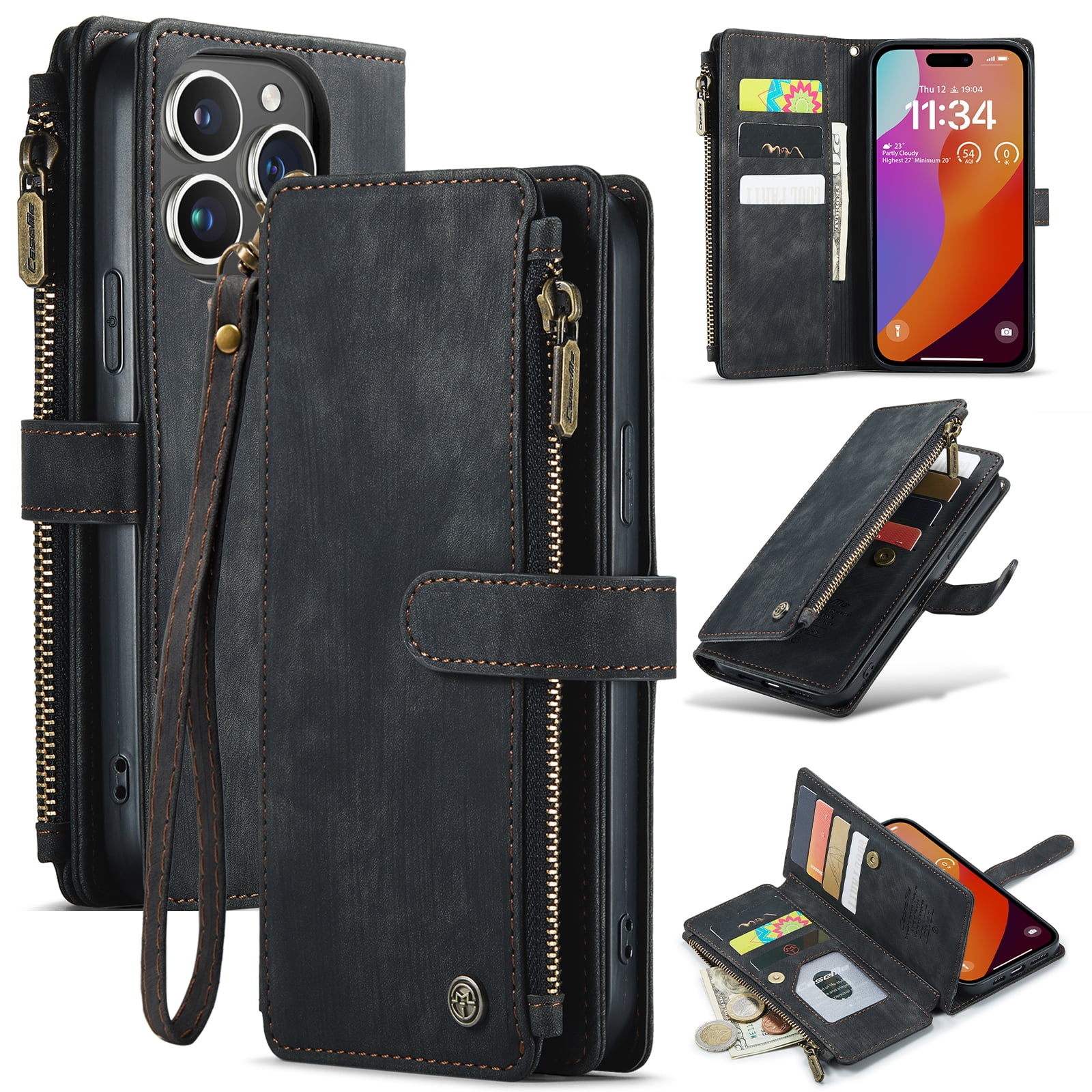 Dteck for iPhone 15 Pro Max Case with Card Holder, Premium iPhone 15 Pro Max Wallet Case for Women Men, Heavy Duty Durable PU Leather With Flip Zipper Pocket Phone Case w/ Wrist Strap Lanyard,Black