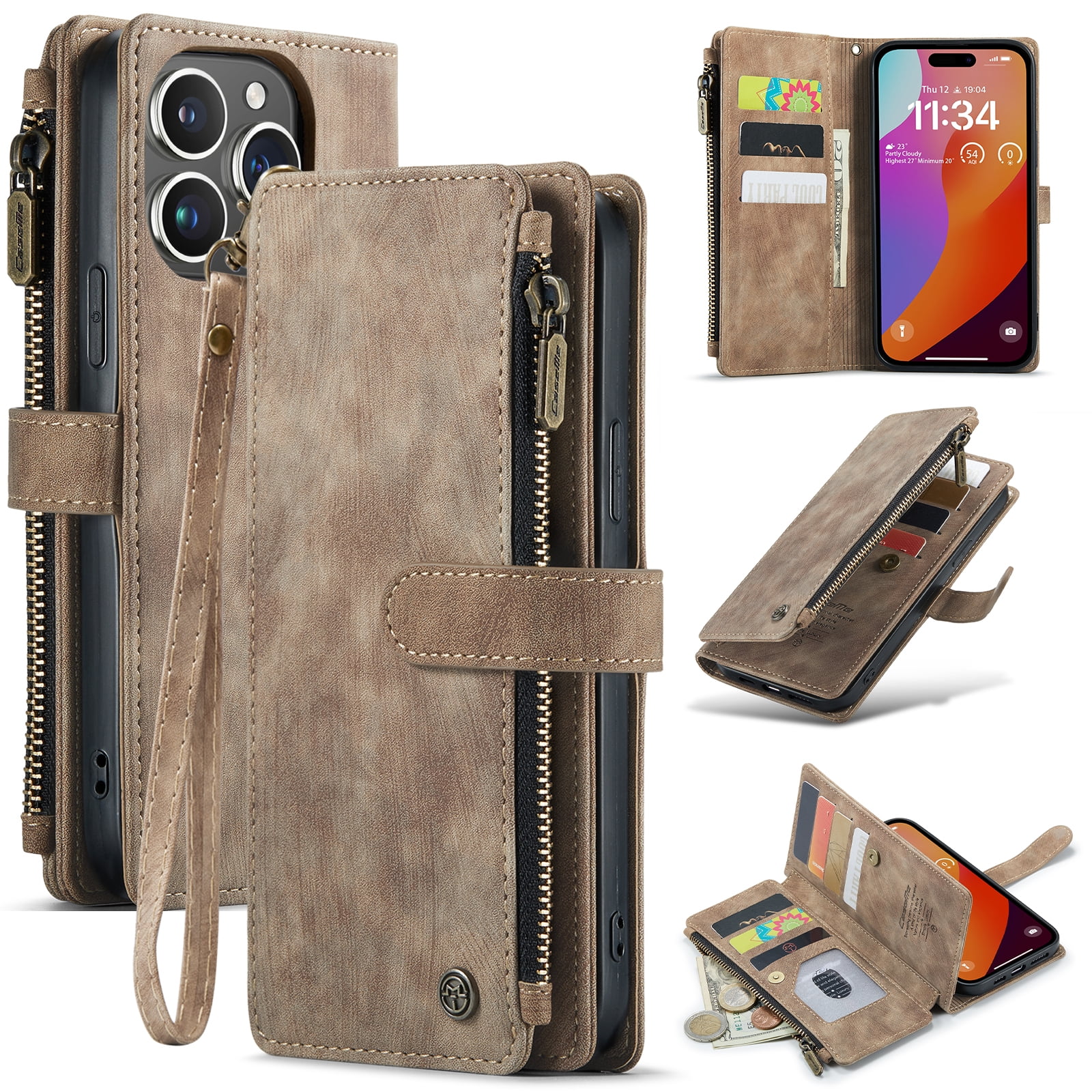Dteck for iPhone 15 Pro Max Case with Card Holder, Premium iPhone 15 Pro Max Wallet Case for Women Men, Heavy Duty Durable PU Leather With Flip Zipper Pocket Phone Case w/ Wrist Strap Lanyard,Brown