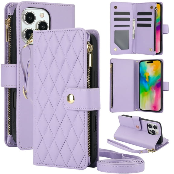 Dteck for iPhone 15 Pro Max Case, Crossbody Shoulder Strap RFID Blocking Shockproof Magnetic Closure Flip Stand Card Slot Wallet Zipper Lanyard Phone Case Cover, Purple