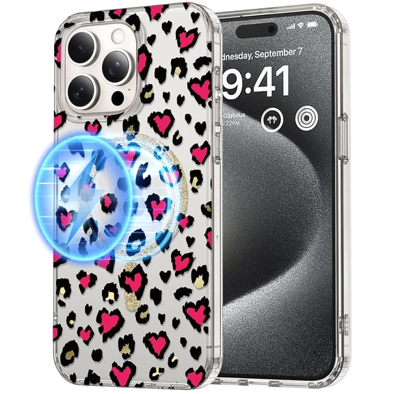 Dteck for iPhone 15 Pro Max Case Cute Pattern Clear for Women Girls, iPhone 15 Pro Max Magnetic Case Compatible with MagSafe,Transparent Phone Case Cheetah Print Design for iPhone 15 Pro Max,Rose