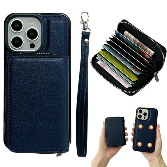 Dteck for iPhone 15 Pro Max Case Detachable Wallet Case with 11-Card Holder, 2 in 1 PU Leather Zipper Purse with Wristlet for Women Men, Durable Shockproof Phone Cover for iPhone 15 Pro Max,Blue