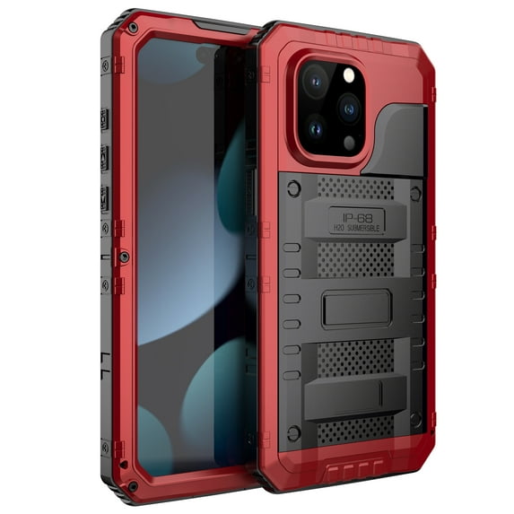 Dteck for iPhone 15 Pro Max Case, IP68 Waterproof Heavy Duty Metal Bumper Phone Case with Built-in Screen Protector, Full Body Protective Military Grade Shockproof Heavy Duty Rugged Cover,Red