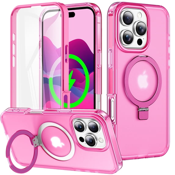 Dteck for iPhone 15 Pro Max Case with Invisible Magnetic Ring Stand, Military-Grade Translucent Case with Built-in Screen Protector for iPhone 15 Pro Max Case Compatible with MagSafe,Rose