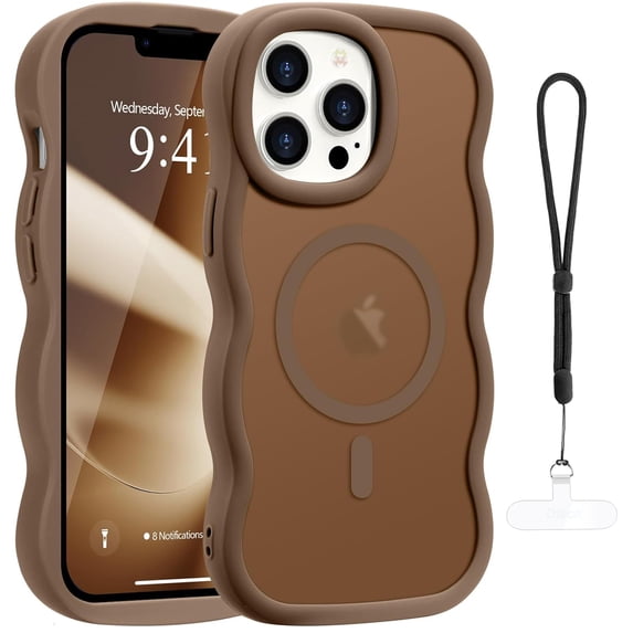 Dteck for iPhone 15 Pro Max Case with Lanyard, Curly Wavy Frame Translucent Frosted Back Cover for Women Men Compatible with Magsafe TPU Bumper Shockproof Phone Case for iPhone 15 Pro Max,Brown