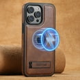 thumbnail image 1 of Dteck for iPhone 15 Pro Max Case, iPhone 15 Pro Max Magnetic Case Compatible with MaSafe Wireless Charging, Slim Retro Leather Logo View Shockproof Protective Cover with Invisible Stand, Brown, 1 of 4