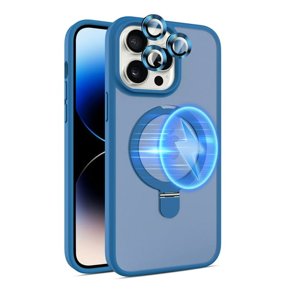 Dteck for iPhone 15 Pro Max Case with Magnetic Invisible Stand & Camera Lens Protector,Compatible with MagSafe,Military Drop Protection Shockproof Translucent Matte Cover Ring Holder,Blue