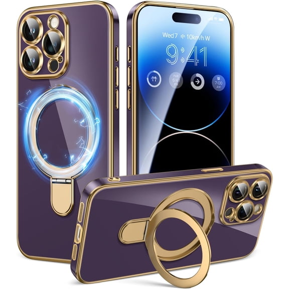 Dteck for iPhone 15 Pro Max Case with Magnetic Ring Stand, Compatible with MagSafe, Full Camera Lens Protection, Luxury Plating Slim Cover 15 Pro Max Phone Cases for Women Men,Solid Purple