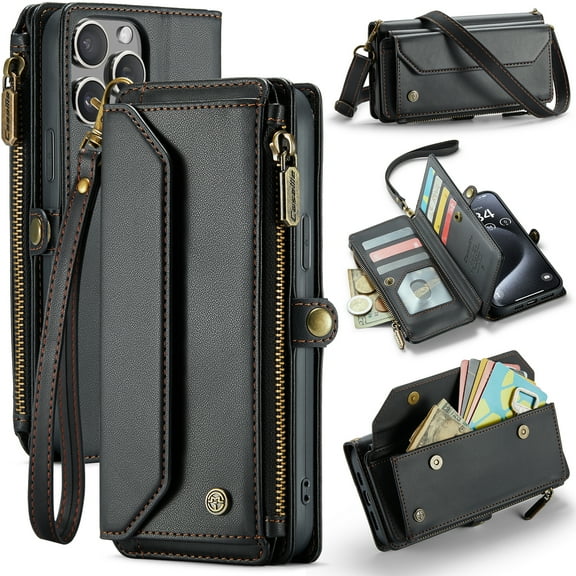 Dteck for iPhone 15 Pro Max Case with RFID Blocking Wallet Case for Women Men, Shockproof PU Leather Magnetic Flip Strap Zipper Card Holder Phone Case,Black
