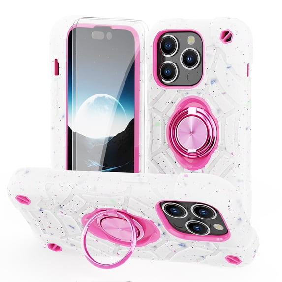 Dteck for iPhone 15 Pro Max Case with Screen Protector (2 Packs), Military Grade Drop Protection Shockproof Protective Phone Case with Rotating Ring Stand for iPhone 15 Pro Max,White+Pink
