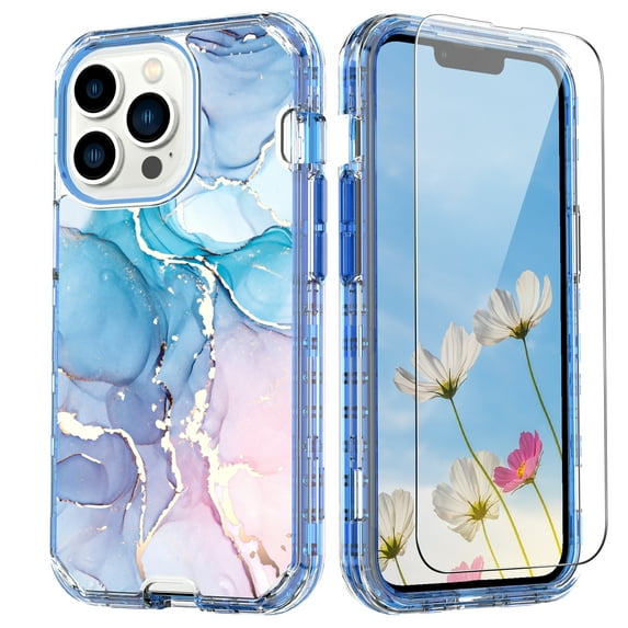 Dteck for iPhone 15 Pro Max Case with Tempered Glass Screen Protector, Slim Stylish Marble Pattern for Women Girls Full Body Military Grade Rugged Cover for iPhone 15 Pro Max,Blue
