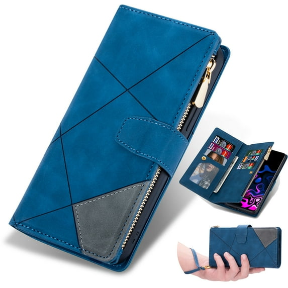 Dteck for iPhone 15 Pro Max Case Wallet with 9 Card Slots Premium Soft PU Leather Zipper Folio Flip with Wrist Strap Kickstand Protective Phone Cover for iPhone 15 Pro Max Wallet Case,Blue
