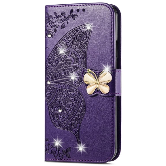 Dteck for iPhone 15 Pro Max Case Wallet for Women, Flip Folio Cover with Butterfly Embossed Diamond PU Leathe Stand Card Holder Protective Case with Wrist Strap,Deep Purple