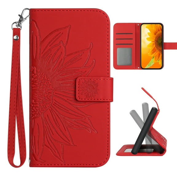 Dteck for iPhone 15 Pro Max Case Wallet for Women Men Durable Embossed PU Leather Magnetic Folio Flip Stand Wrist Strap Card Holder Shockproof Phone Case,Red